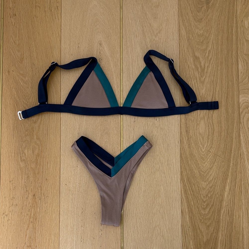 One one swimwear Kameron top and Jesse bottom set, blue green and brown